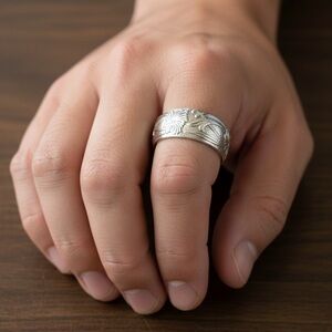 Men's Wide Band Floral Pattern Sterling Silver Ring Open Cuff